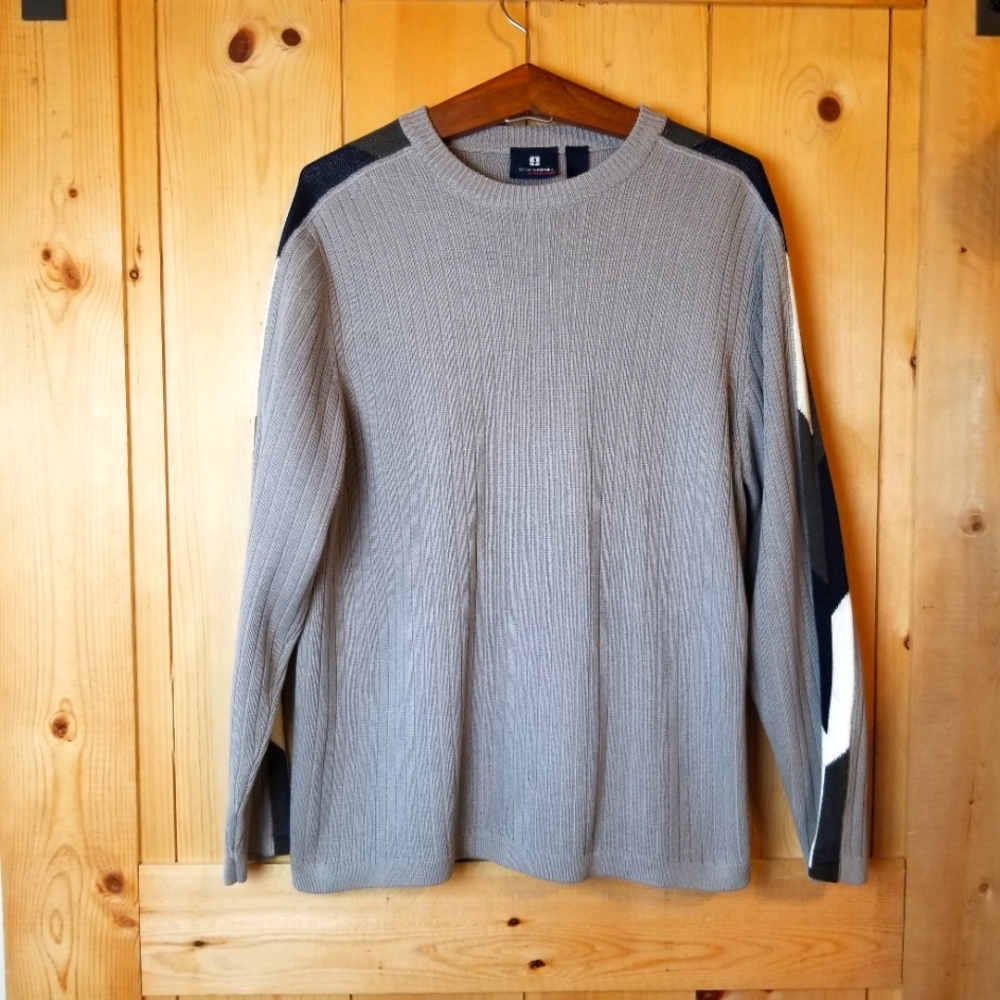 Vintage Transnine Ribbed Cotton Blend Knit Arm Stripe Crewneck Pull-On Sweater